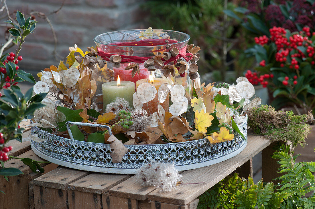 Windlicht und Kerzen auf Tablett, Eichelhütchen, Eichenlaub, Silbertaler, Efeu und Samenstände von Clematis als Deko