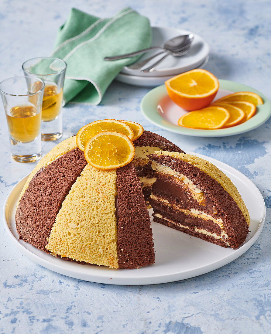 Two-colored sponge cake, cut
