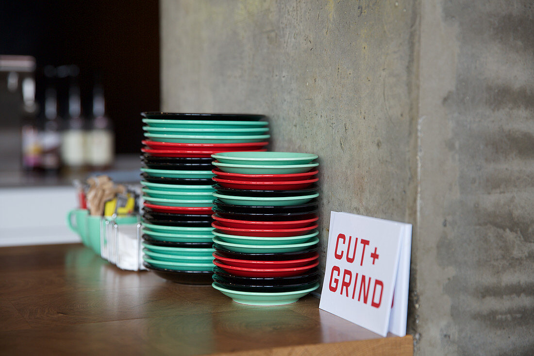 Coloured plastic plates in restaurant