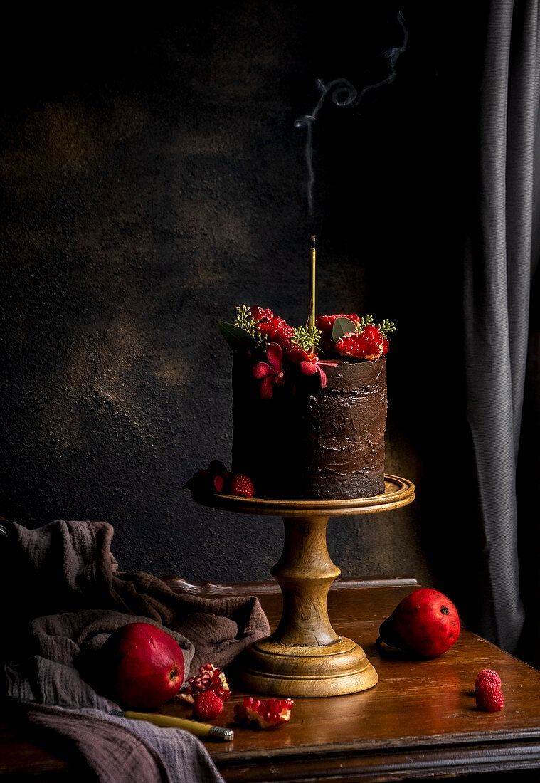 Chocolate cake on cake stand