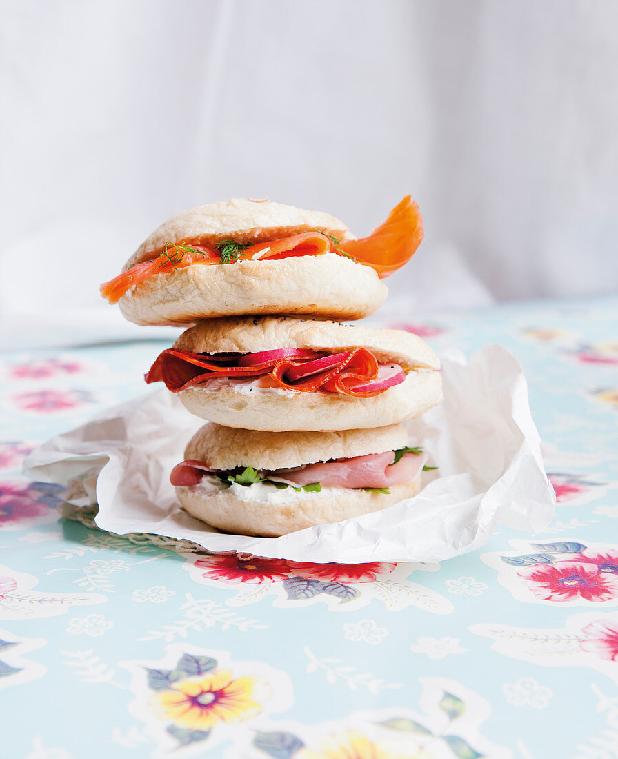 Bagels with smoked salmon, ham and salami