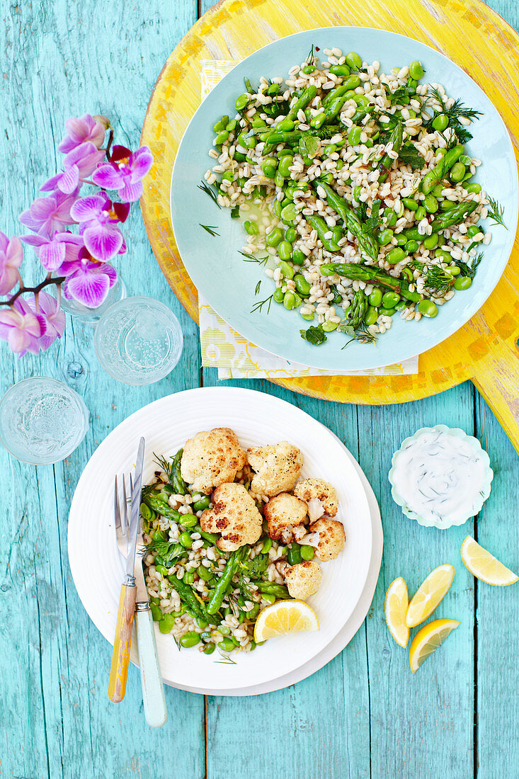 Roasted cauliflower with spring veg and barley salad