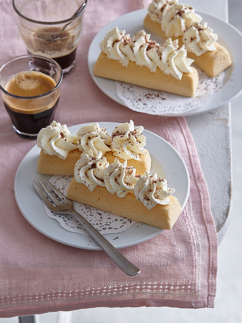 Egg yolk pastry boats with whipped cream and chocolate