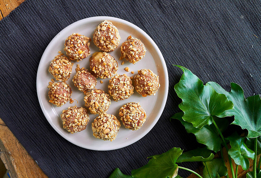 Baked beef balls with cheese and nuts