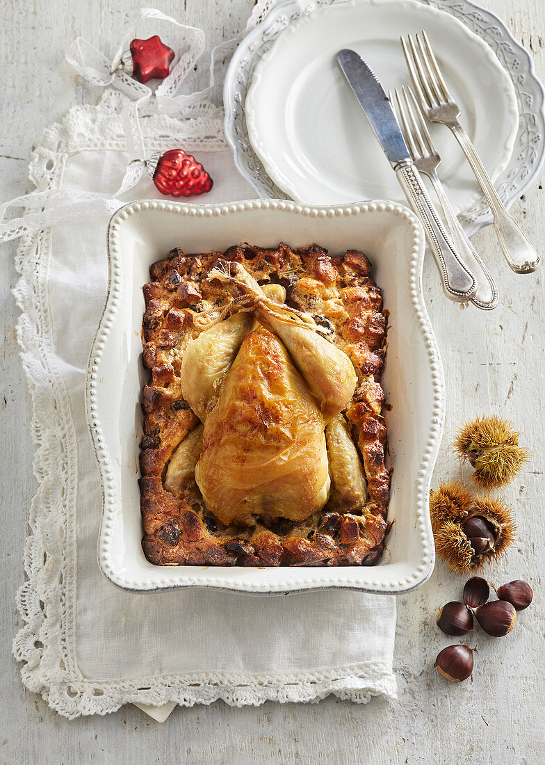 Gebackenes Huhn mit Edelkastanienfüllung (weihnachtlich)