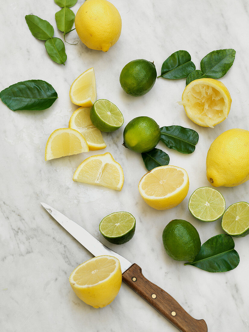 Zitronen und Limetten ganz, halbiert, in Scheiben und mit Blättern