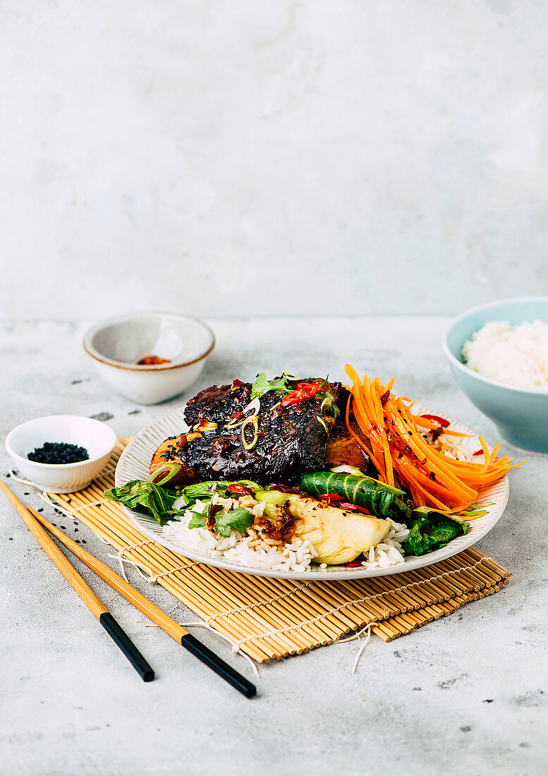 Korean beef ribs with bok choy and rice