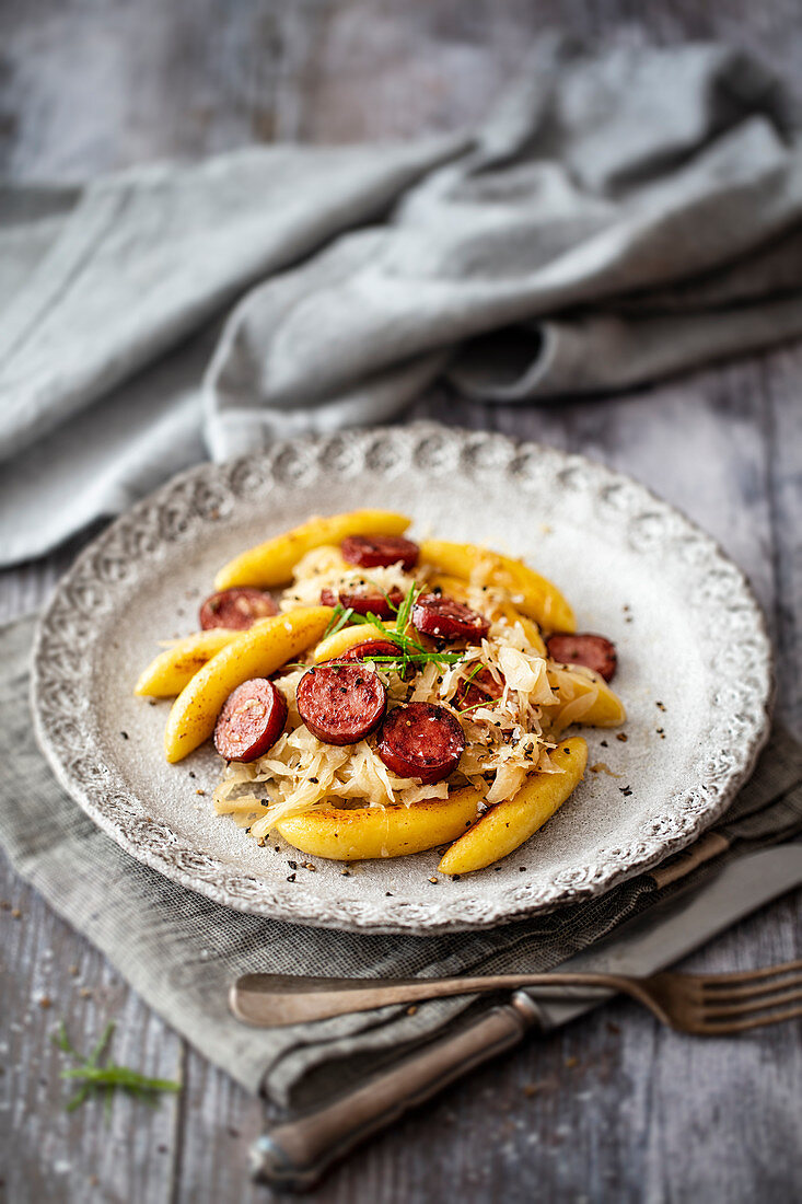 Potato orzo pasta with kabanossi and sauerkraut