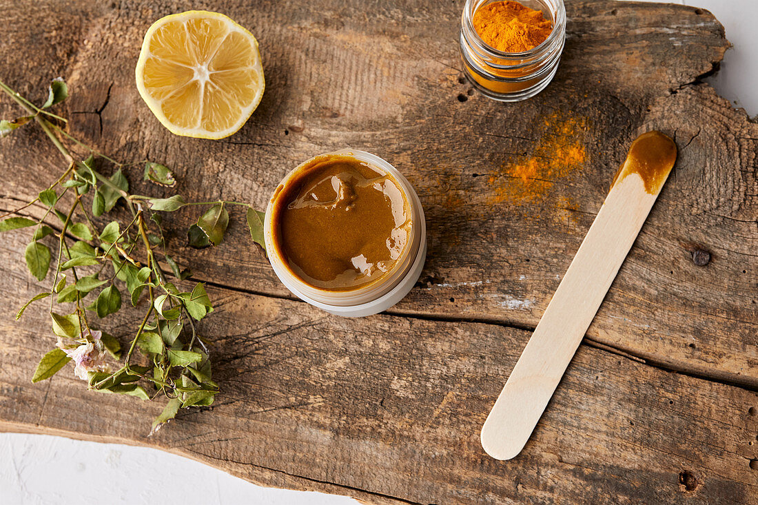 Handmade, natural face mask made from lemon and turmeric