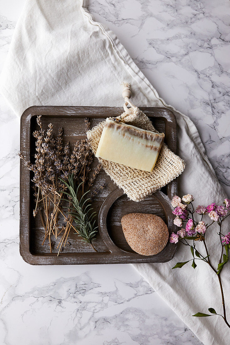 Handmade, natural soap made with lavender oil and aronia powder