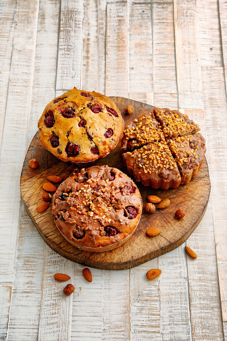 A trio of cherry and nut cakes