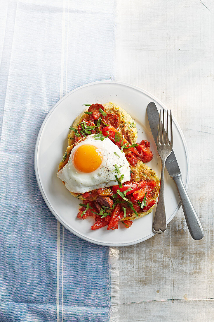 Maispfannkuchen mit Spiegelei und Chorizo-Salsa