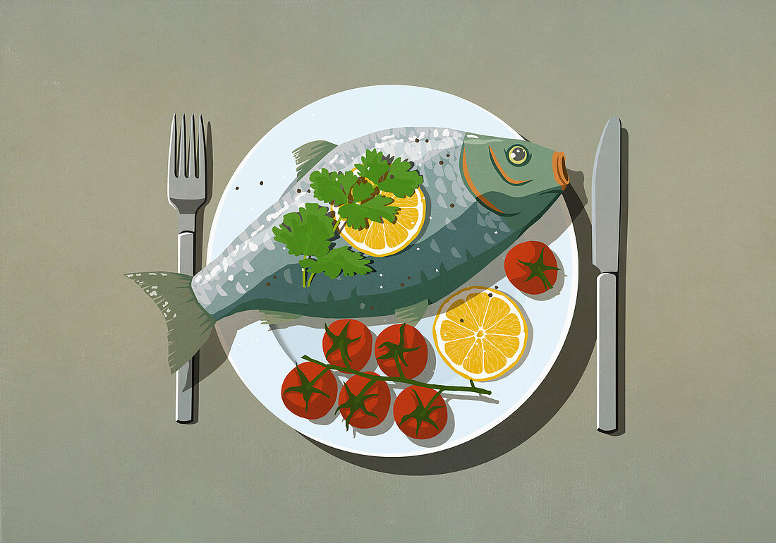 Ganzer Fisch und Tomaten auf Teller (Illustration)