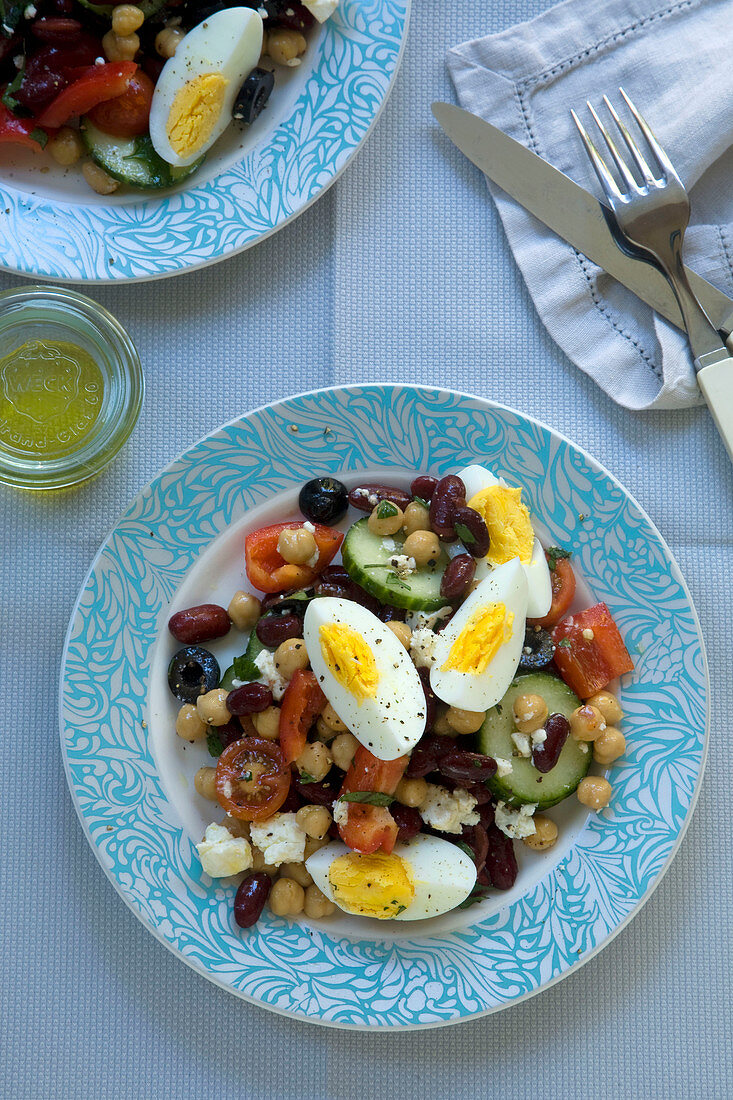 Mediterranean bean salad with boiled eggs