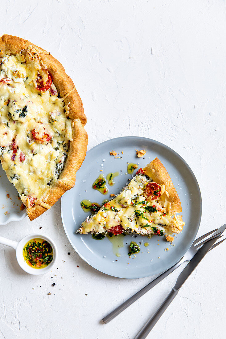 Spinach and tomato quiche with goat's cream cheese