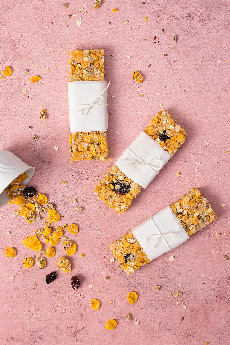 Granola bars on a pink background