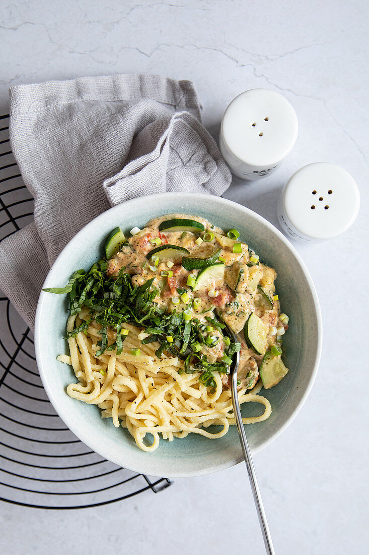 Courgette and basil with Swabian egg noodles