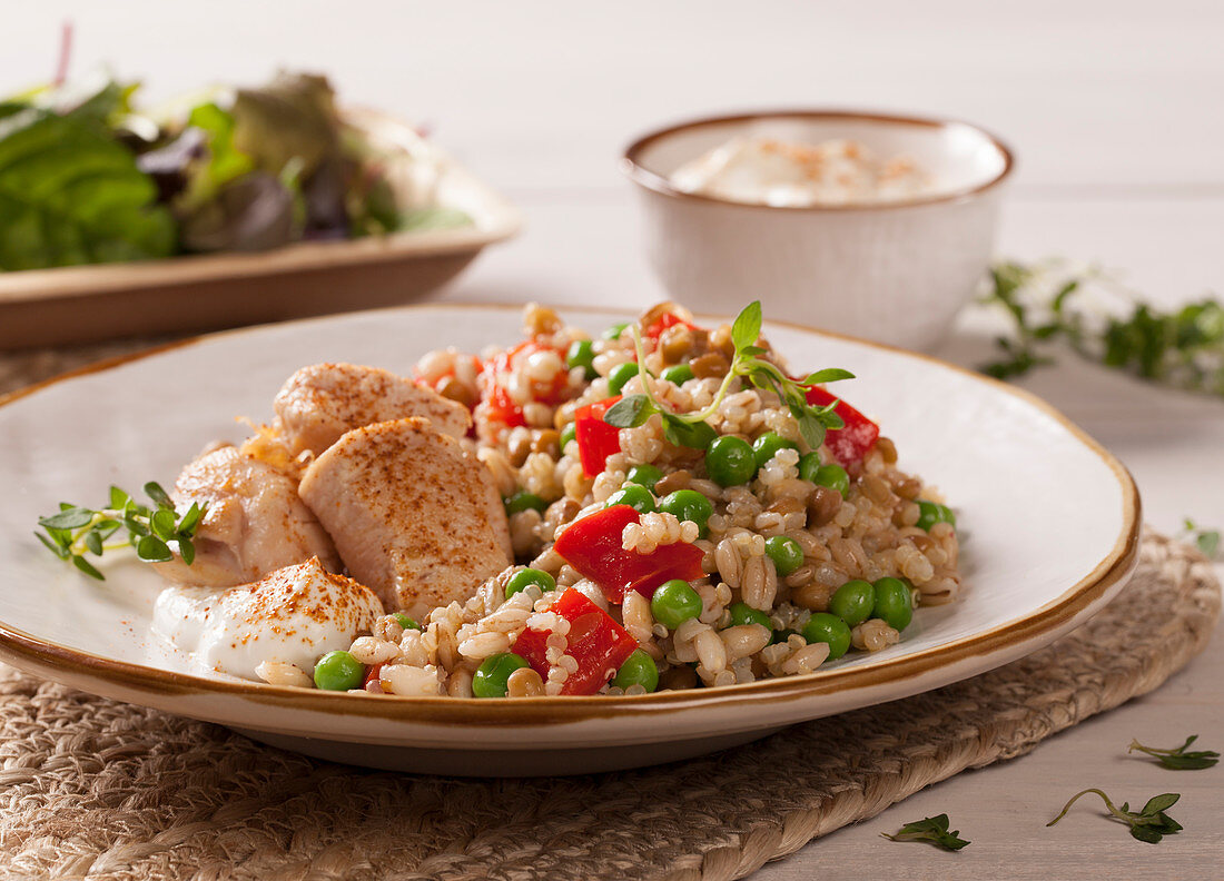 Chicken breast with a barley and vegetables salad and yoghurt sauce