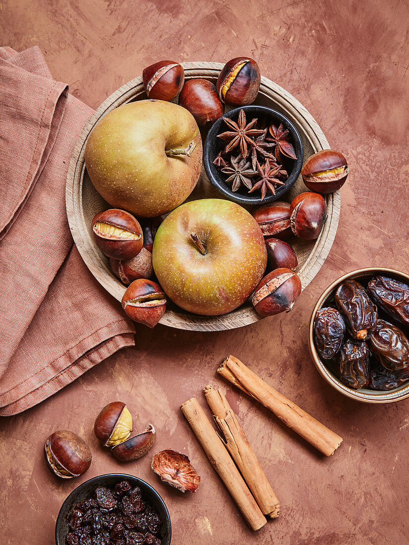 Apples, chestnuts, star anise and dried fruit