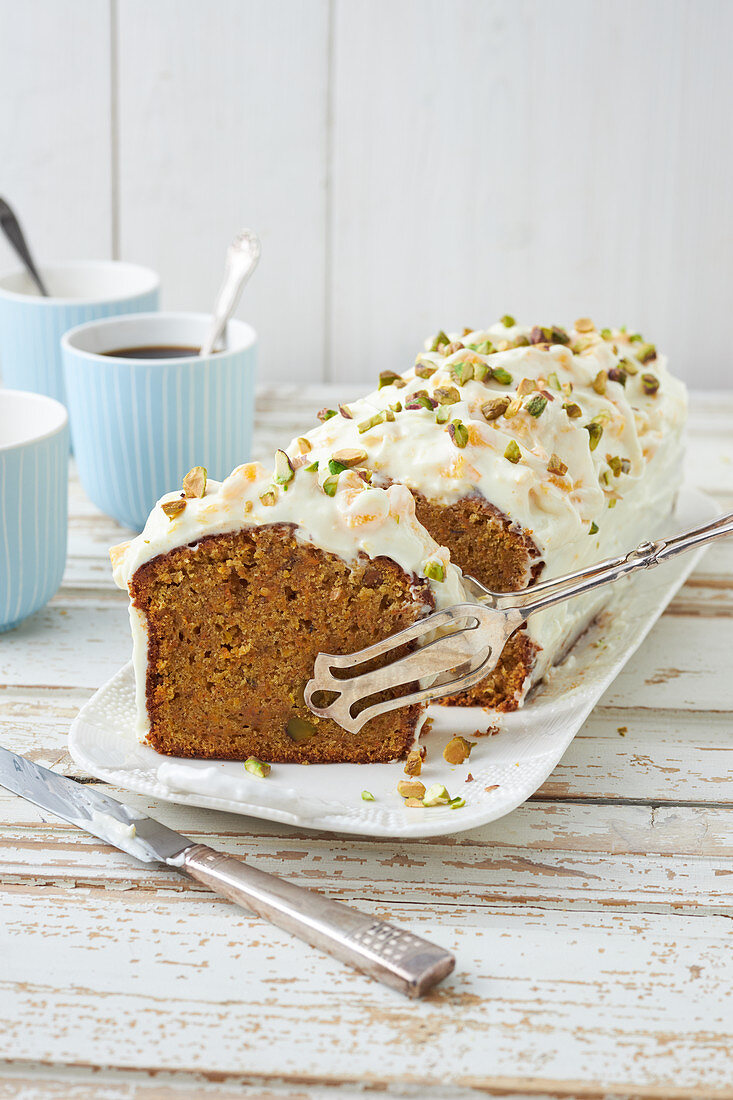 Orange and carrot loaf cake with pistachio nuts