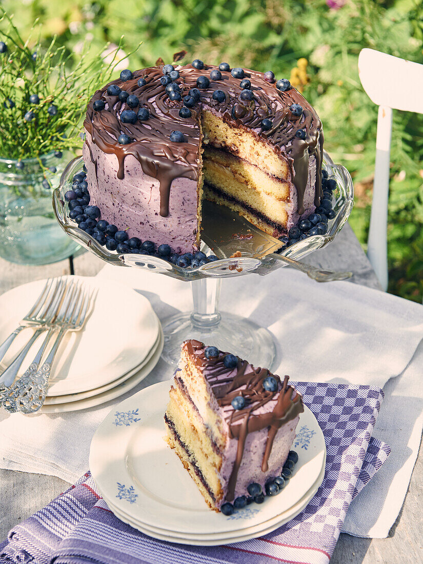 Blaubeer-Schokoladentorte auf sommerlichem Tisch im Freien