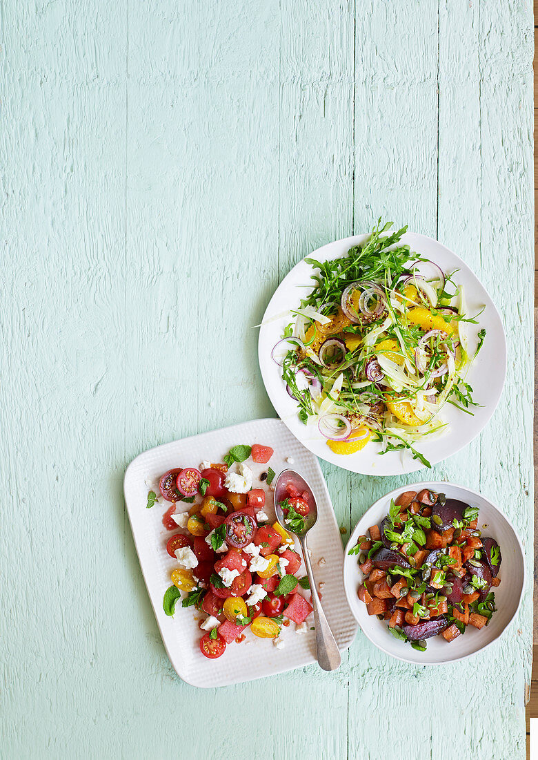 Orange, fennel and rocket salad, Orange, fennel and rocket salad, Heirloom tomato and watermelon salad