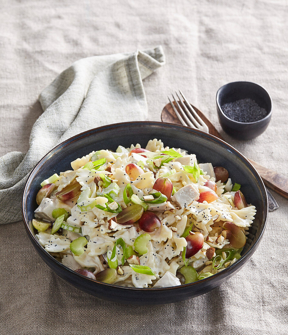 Pasta salad with turkey meat and poppy seed dressing