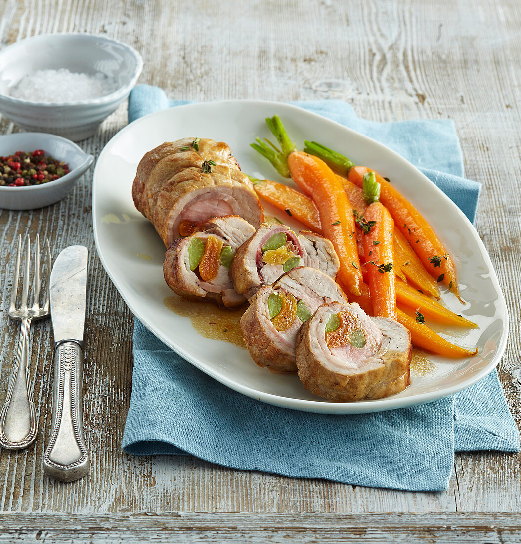 Pork tenderloin roll with caramelized carrots