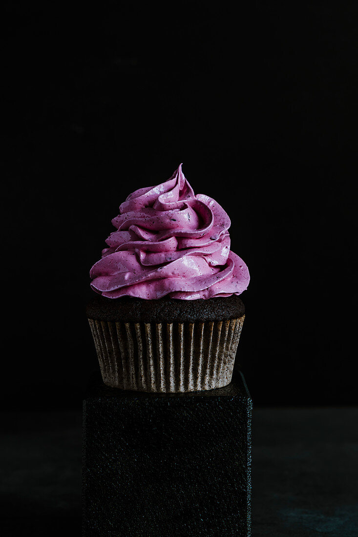 Chocolate cupcake with black currant marshmallow frosting