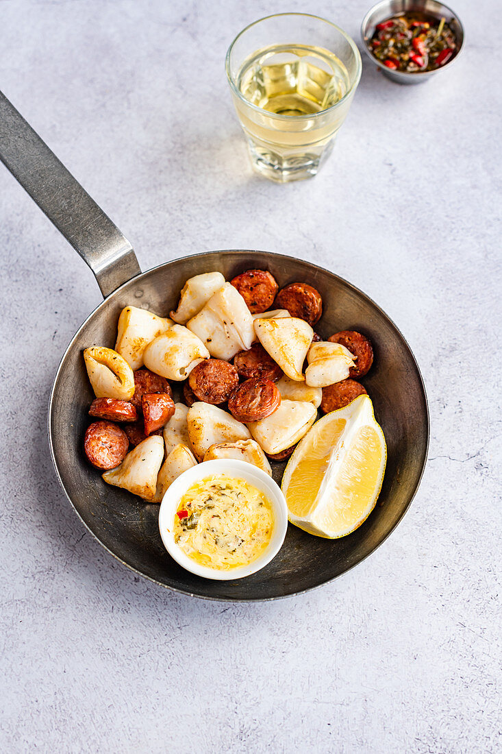 Fried Calamari and Chorizo with Lemon Wedge