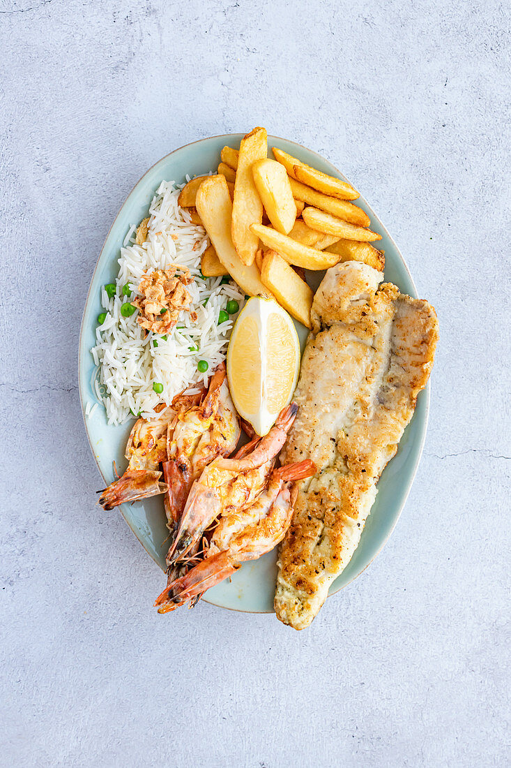 Platter of Grilled Fish, Prawns, Chips and Rice