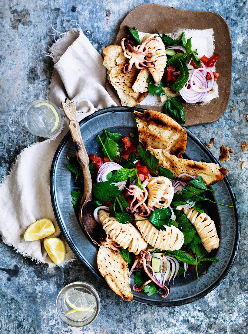 Fattoush and Barbecued Squid Salad