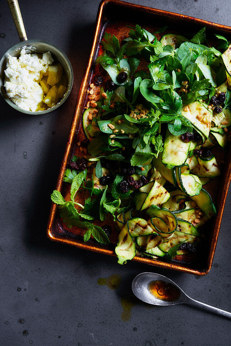 Grilled Zucchini with Goat's Cheese Raisins and Pine Nuts