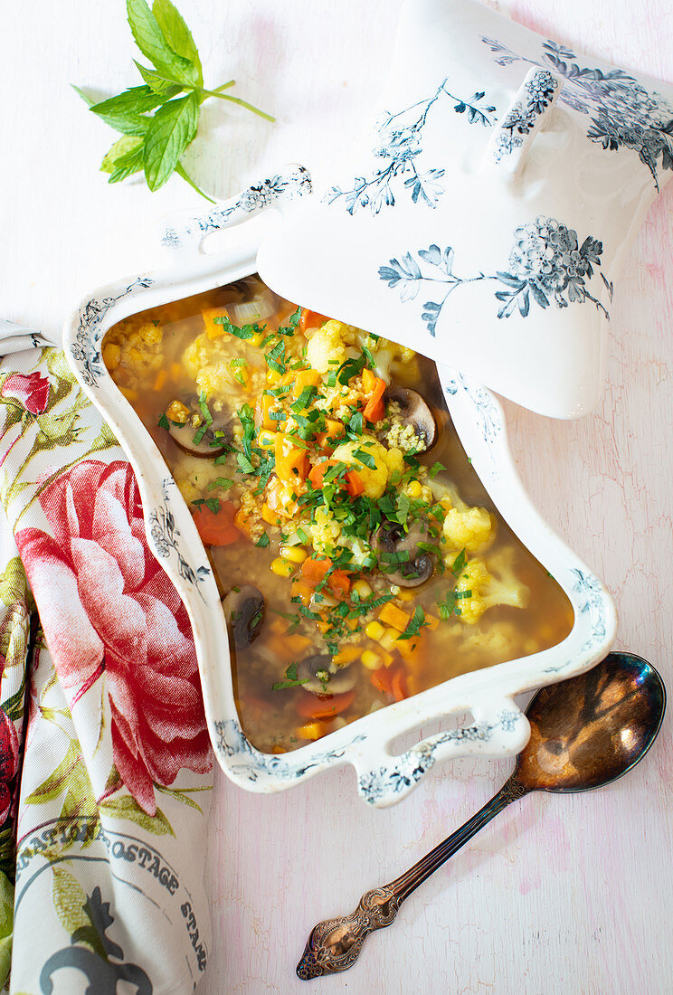 Vegetable soup in tureen