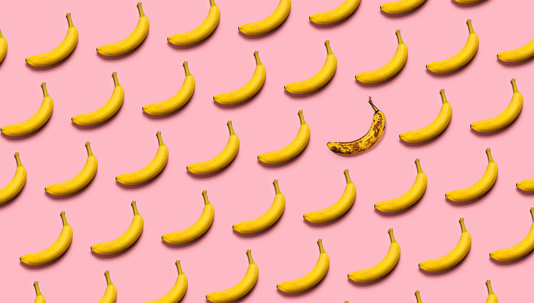 Reihen von Bananen auf rosa Hintergrund