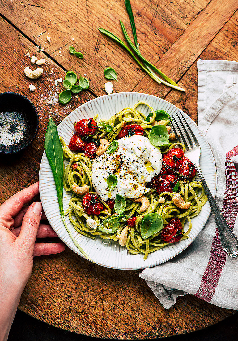Wild garlic pasta with burrata and oven-roasted tomatoes