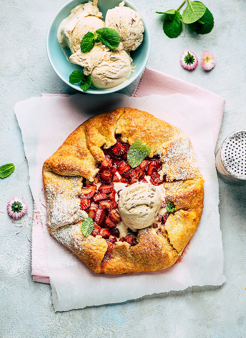 Rhubarb and strawberry galette served with ice cream