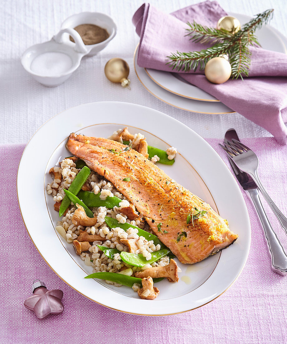 Trout with groath and mushroom risotto