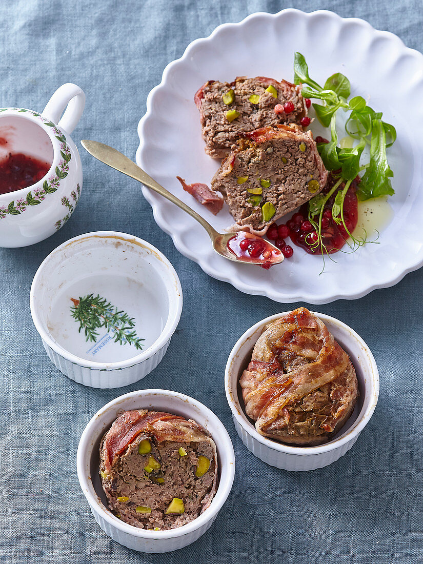 Venison pate with pistachio and cranberry sauce