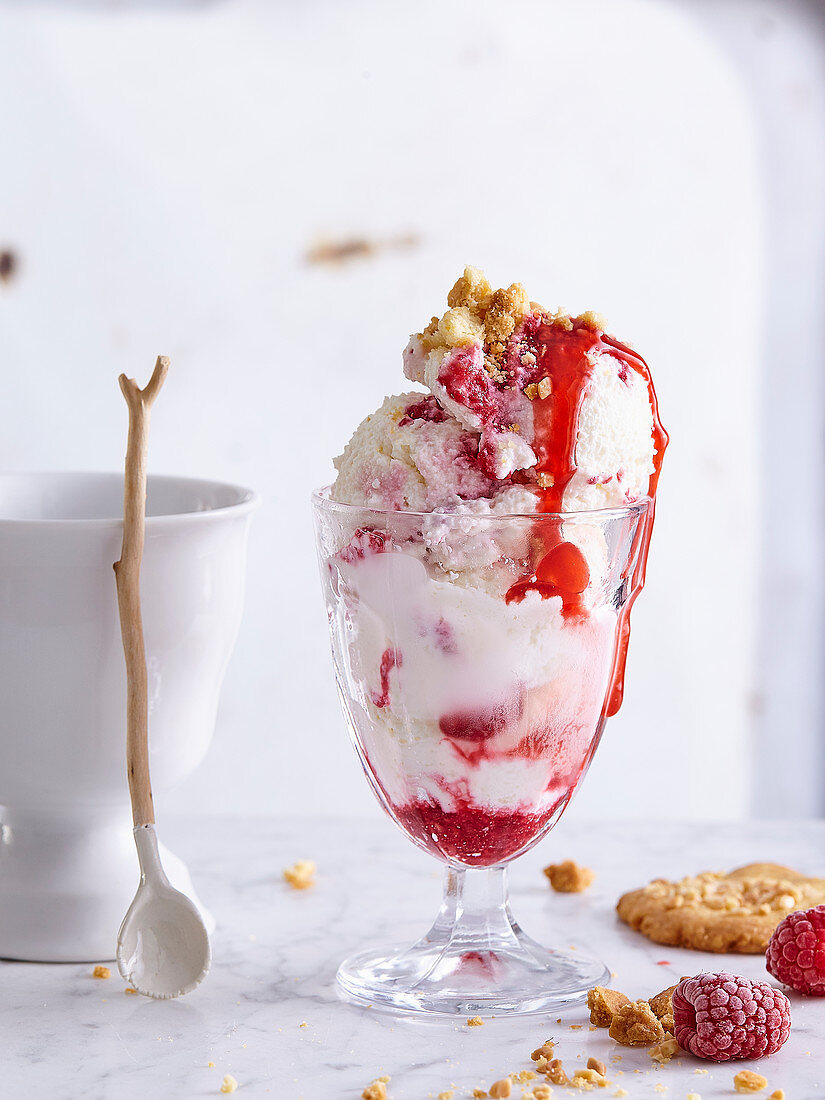 Yoghurt ice cream with raspberry coulis