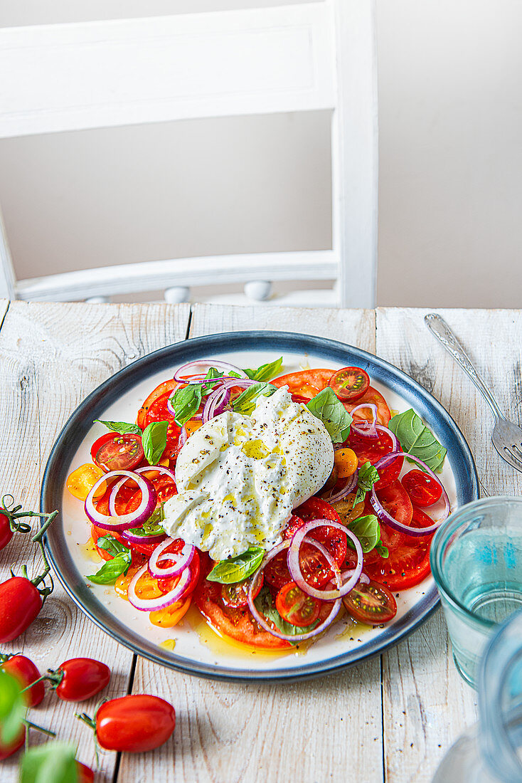 Tomato salad with plive oil, basil, red onion and burrata cheese