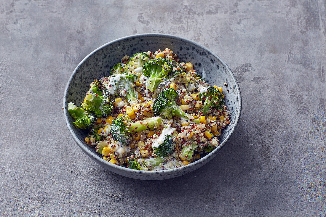 Quinoa salad with broccoli, sweetcorn and Greek yoghurt