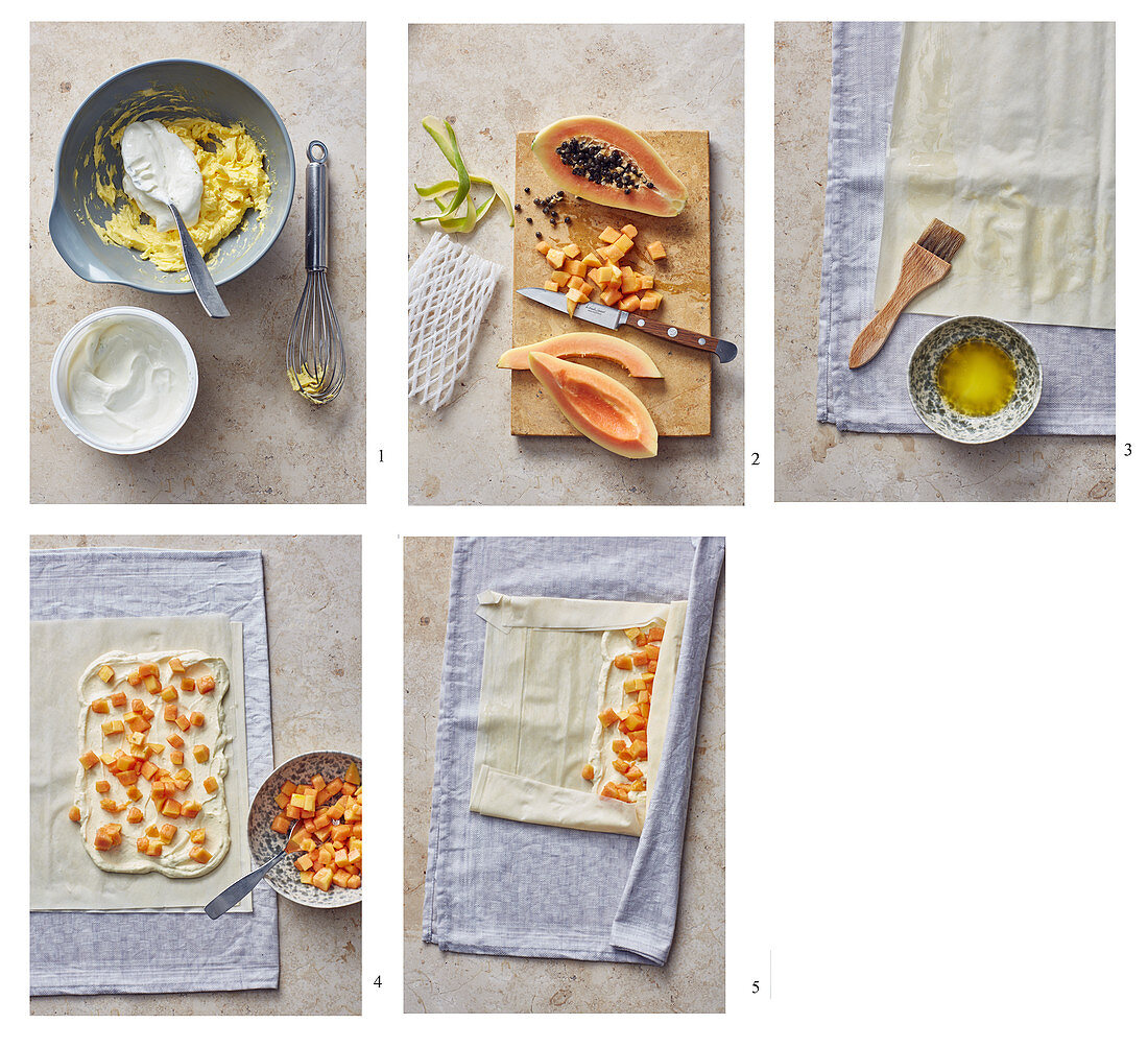 Papaya and quark strudel being made