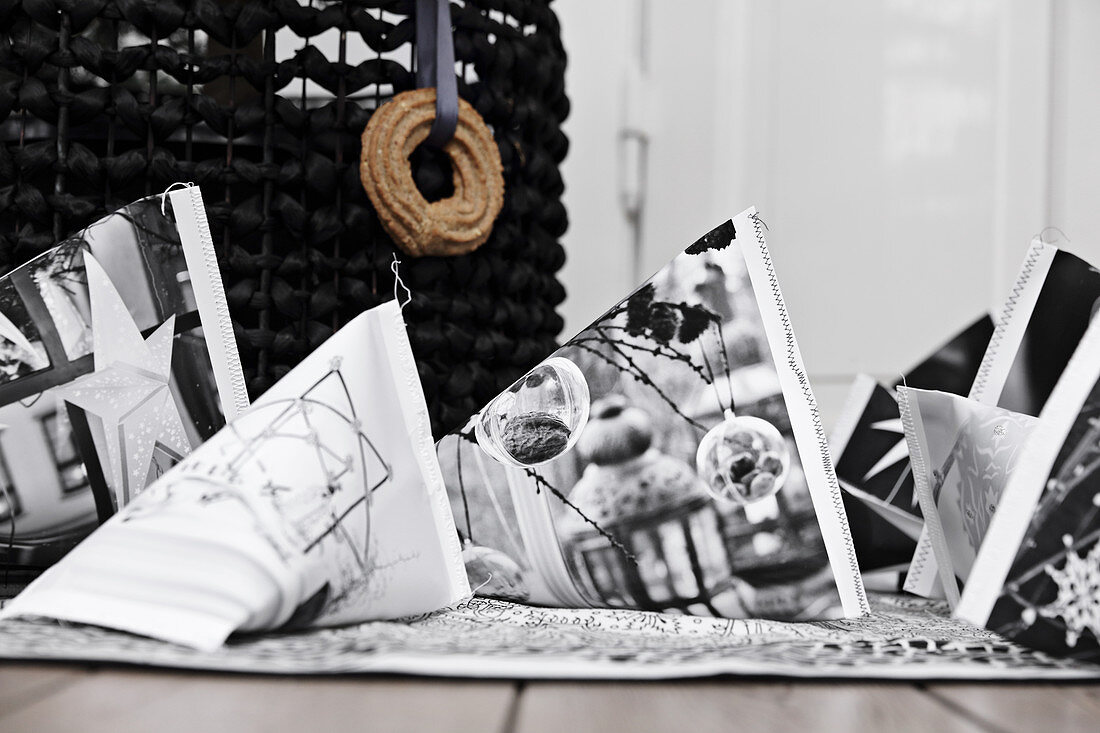 Gift bags with black-and-white photographic prints