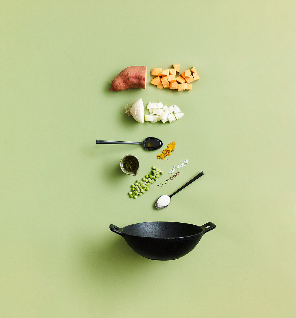 Ingredients for sweet potato curry stir-fry