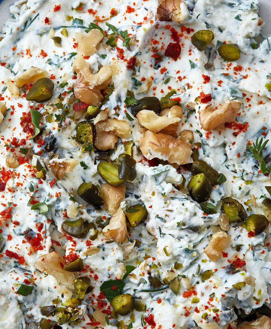 Turkish cream cheese with pistachio nuts (full-frame)