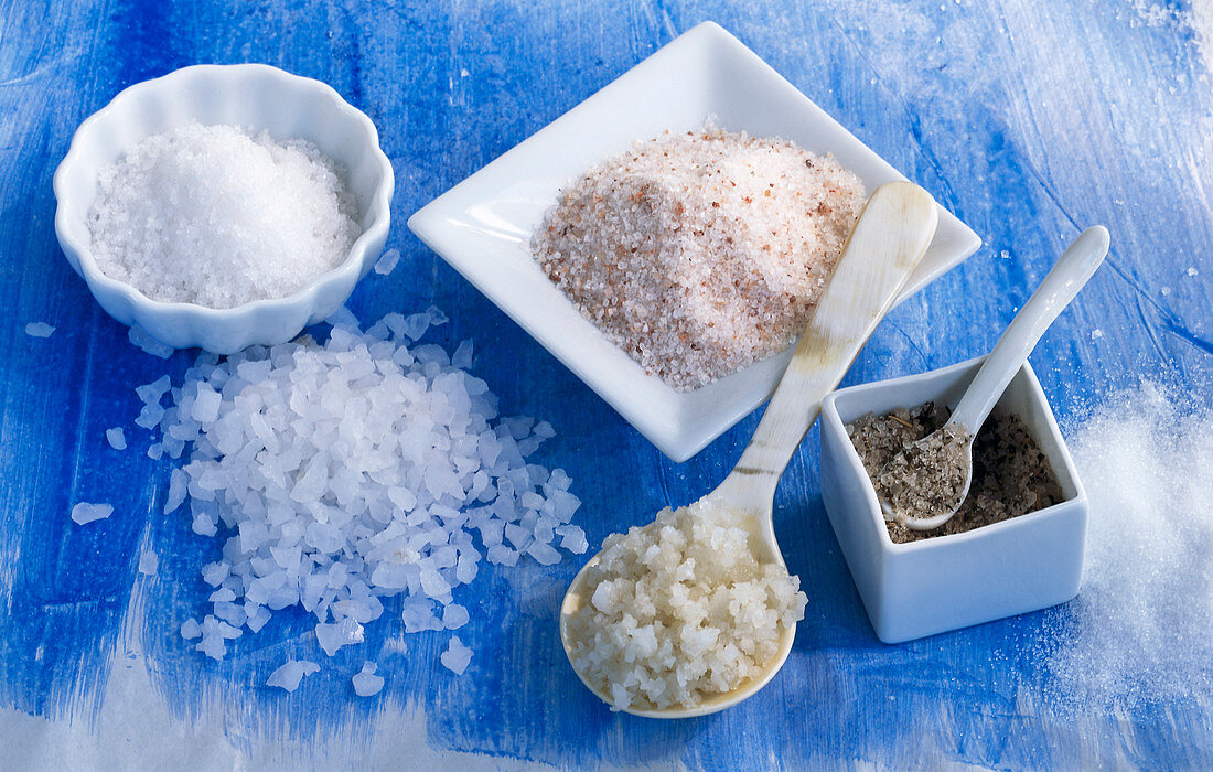 Verschiedene Sorten Salz. Grobes Meersalz, Kräutersalz, Himalayasalz, Fleur de Sel, Sel Marin de Atlantique, Tafelsalz