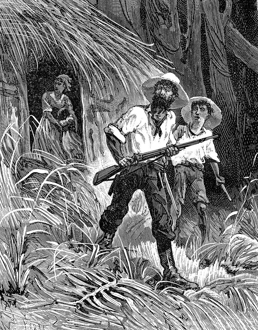 Rubber prospectors, 19th century illustration