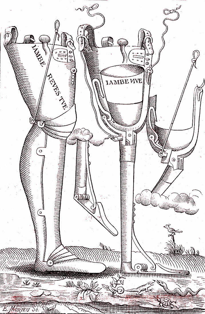 Prosthetic legs by surgeon Ambroise Pare, illustration