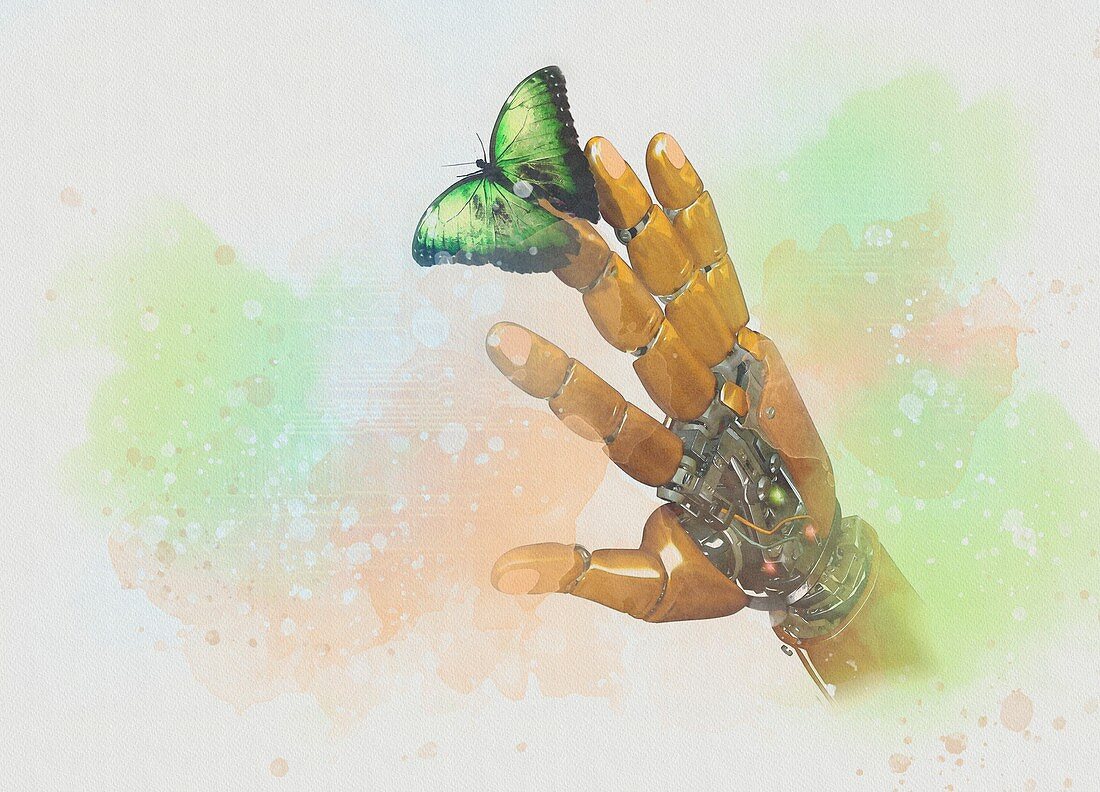 Robotic hand with butterfly, illustration